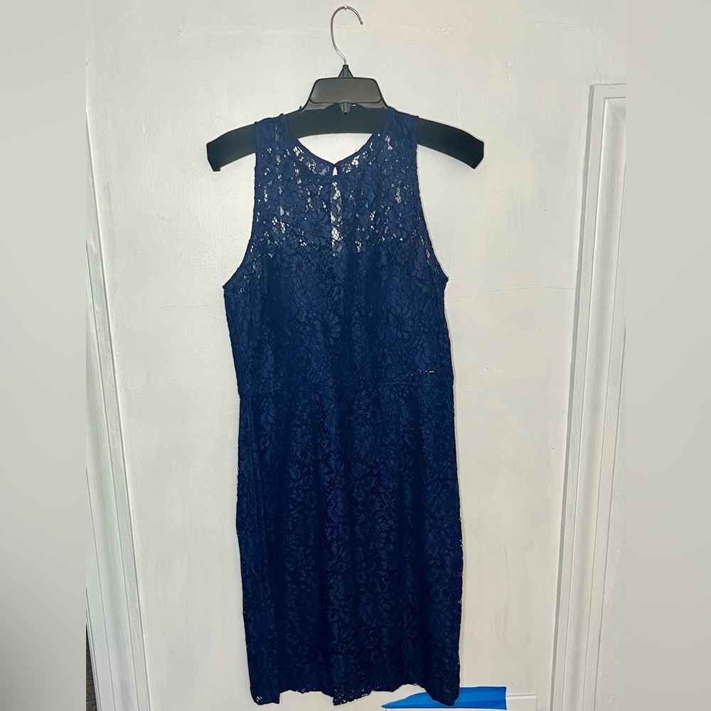 Donna Morgan navy blue lace sheath with strapless shell underneath. New w/tags.